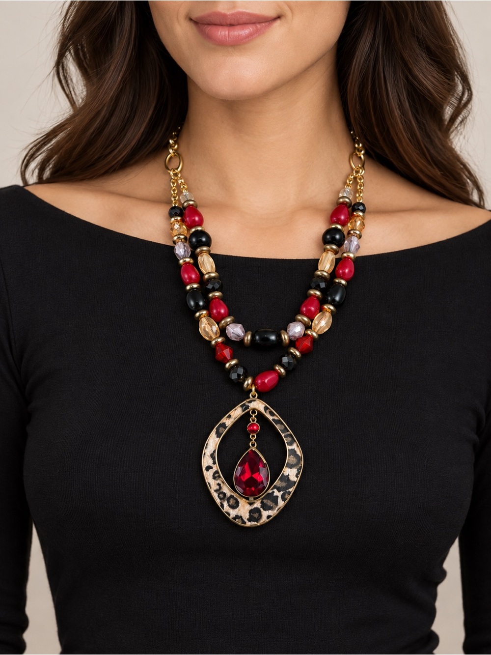 Vintage Leopard Print Double Strand Statement Necklace Red Black Beads